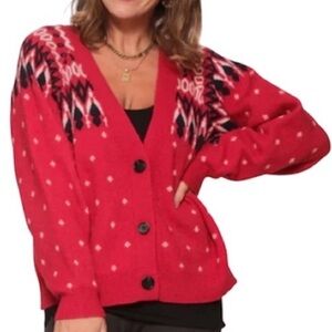 Smash + Tess Red Fair Isle Apres Ski Button Cardigan Nordic Cozy M/L